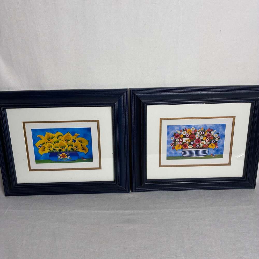 Pair Vintage Framed Floral Still Life Art Prints Calla Lilies Farmhouse Decor